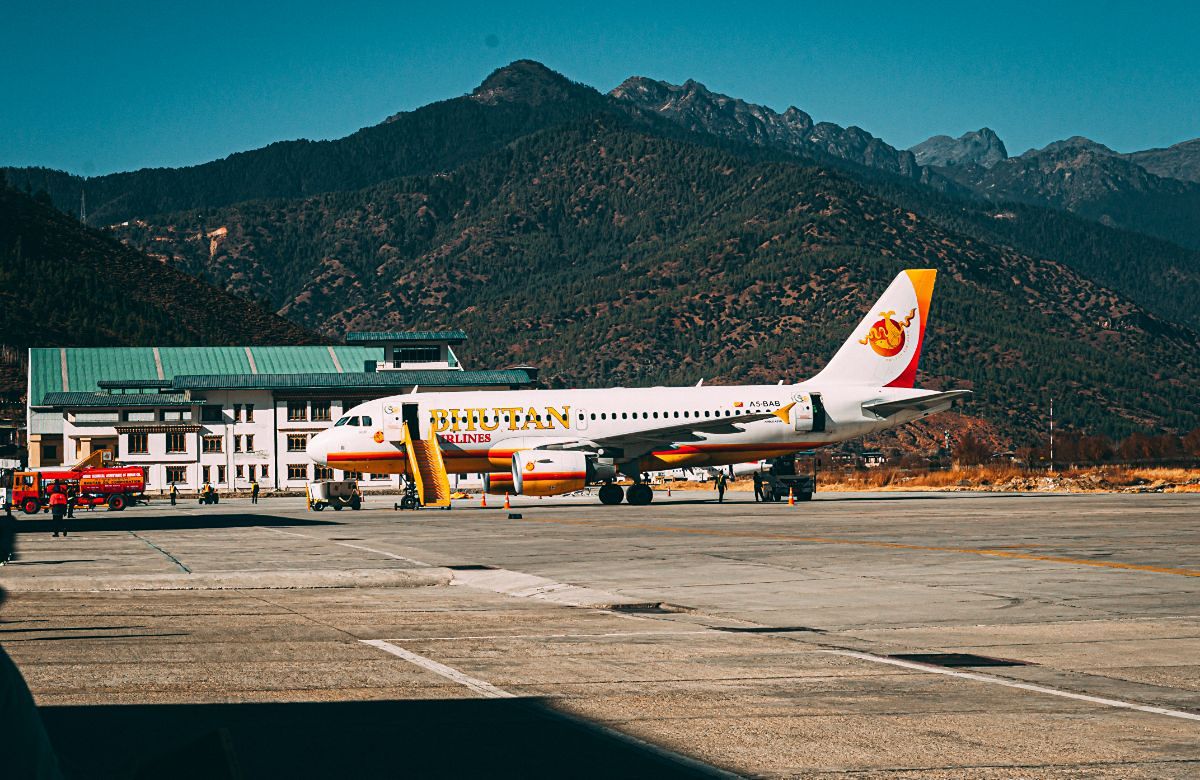 Aircraft on the runway at Paro International Airport