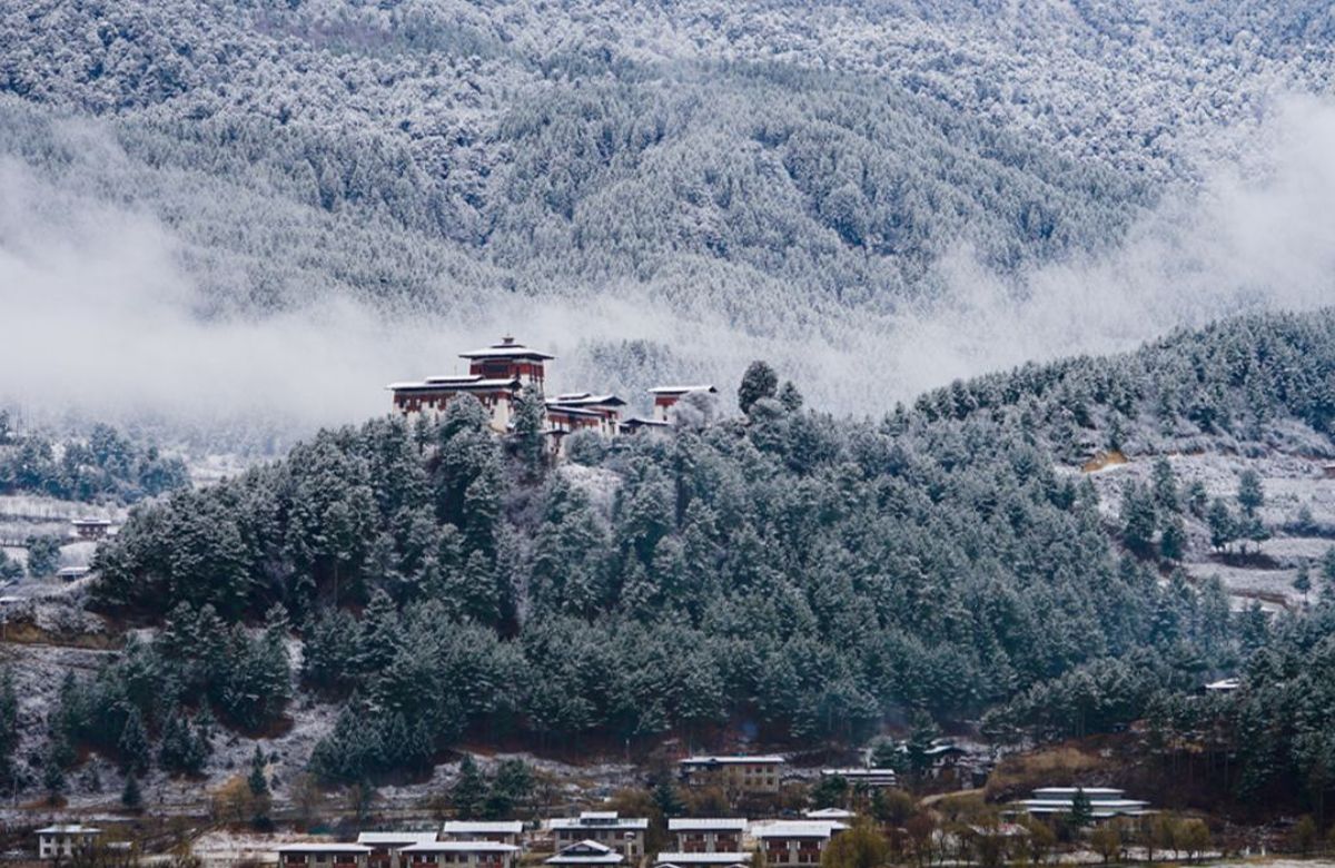 Jakar Dzong in the Bumthang valley under winter snow