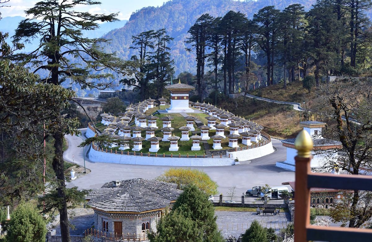 Chortens and pine forest at the Dochula pass