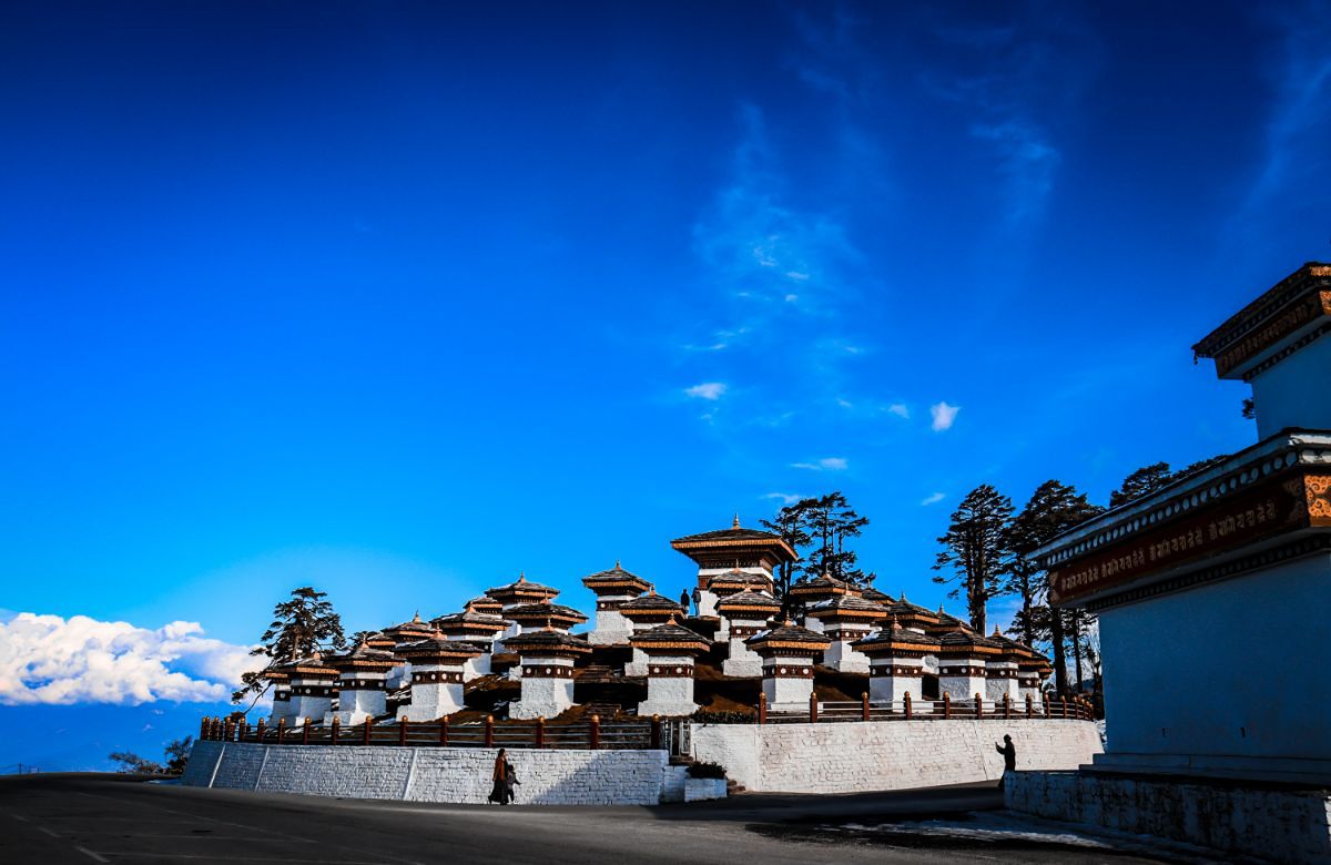 The Dochula chortens under a clear winter sky