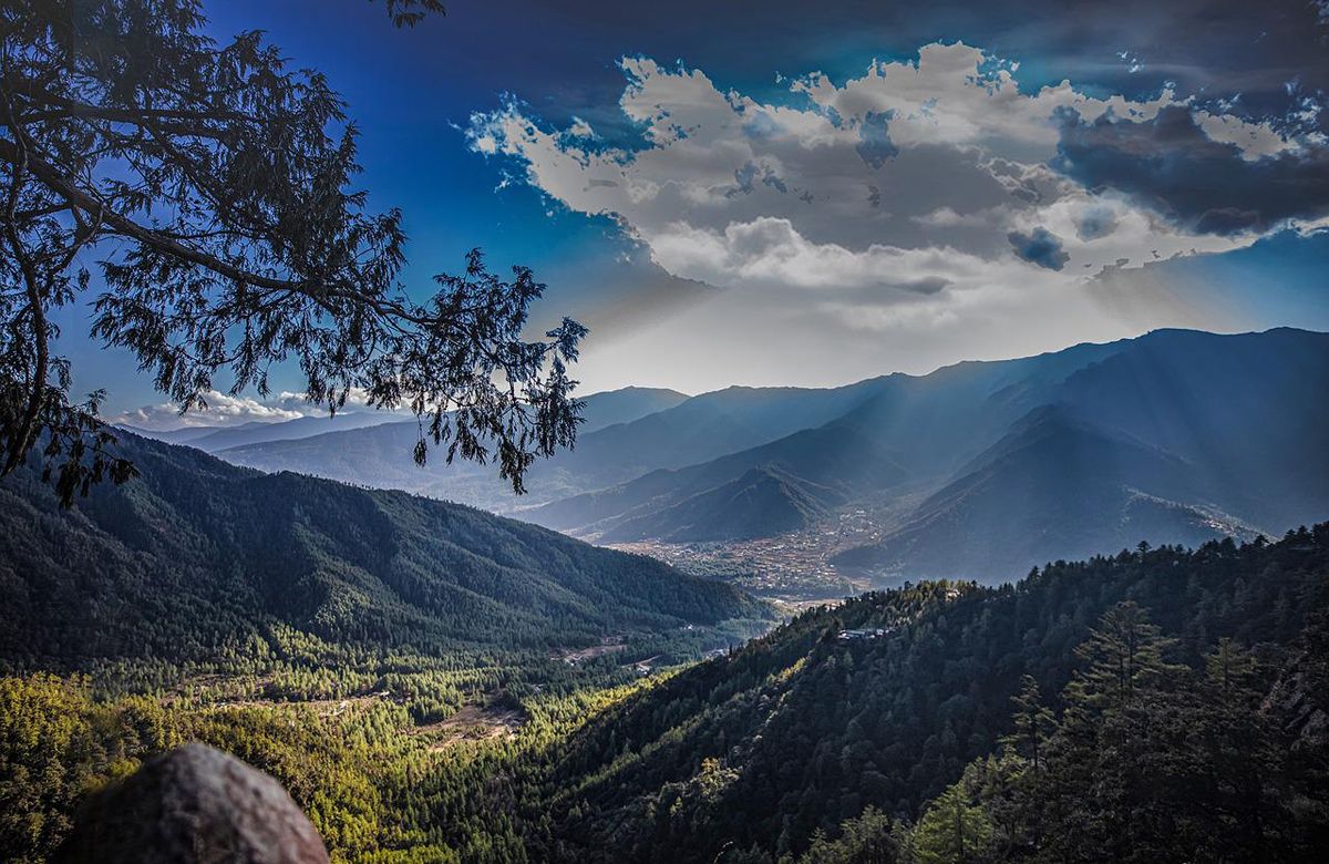 Forested valleys and mountain ridges in central Bhutan