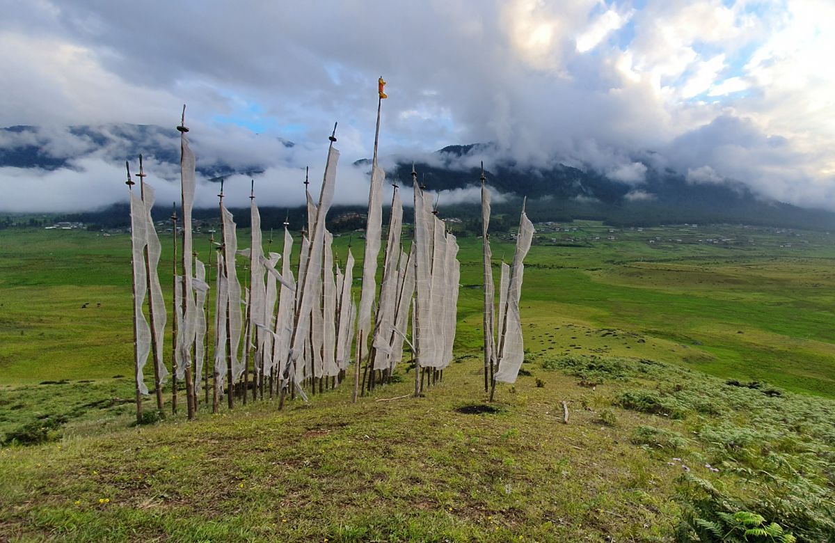 Prayer flags across the floor of the Phobjikha glacial valley
