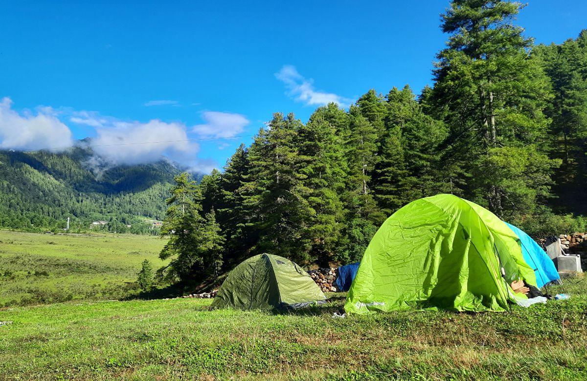 Trekking tents pitched in a meadow in Bhutan